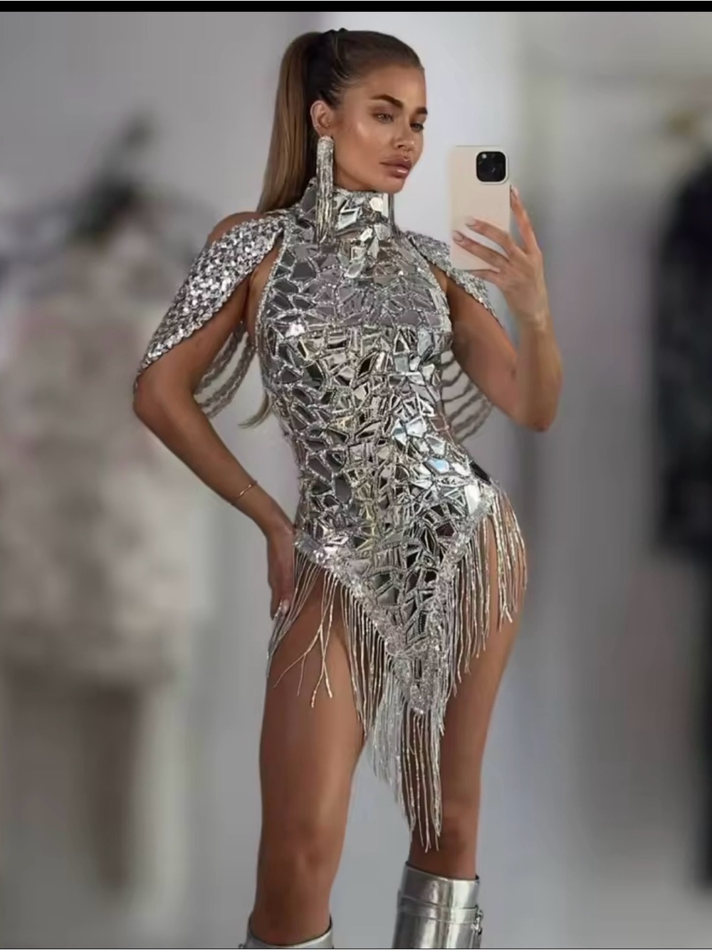 Silver Sequin Fringe High-Neck Mini Dress